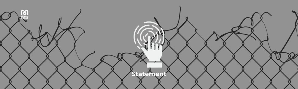 Torn wire fence with an icon of a hand pressing a button for access